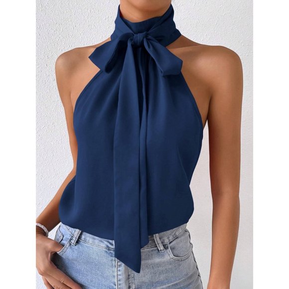 Chic Tie Neck Halter Top Navy Blue - Picture 4 of 6